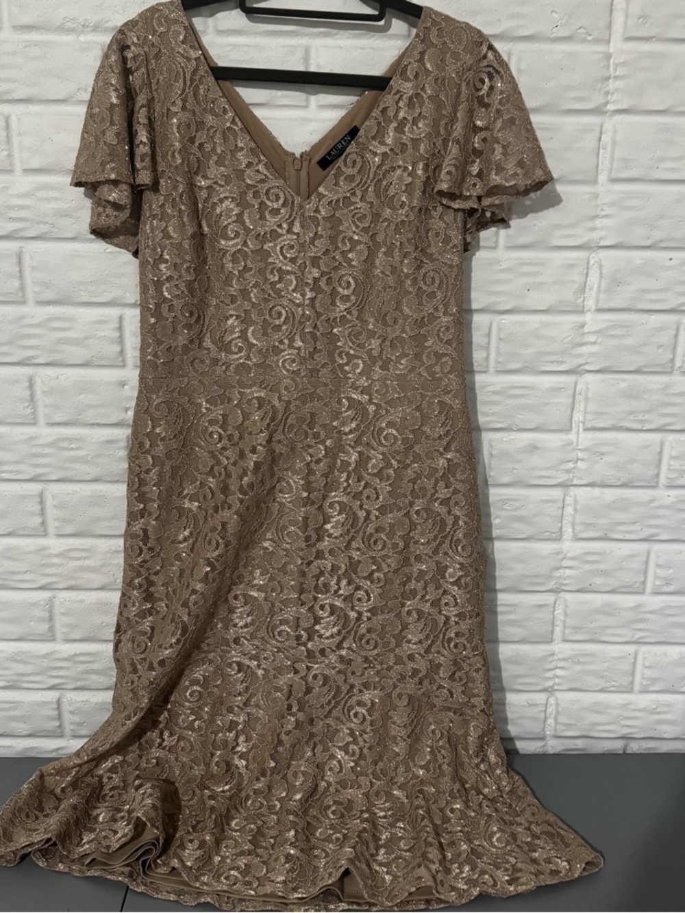 Ralph Lauren Sequin Dress Women’s 12 Gold Lace Overlay V Neck MOB Cocktail
